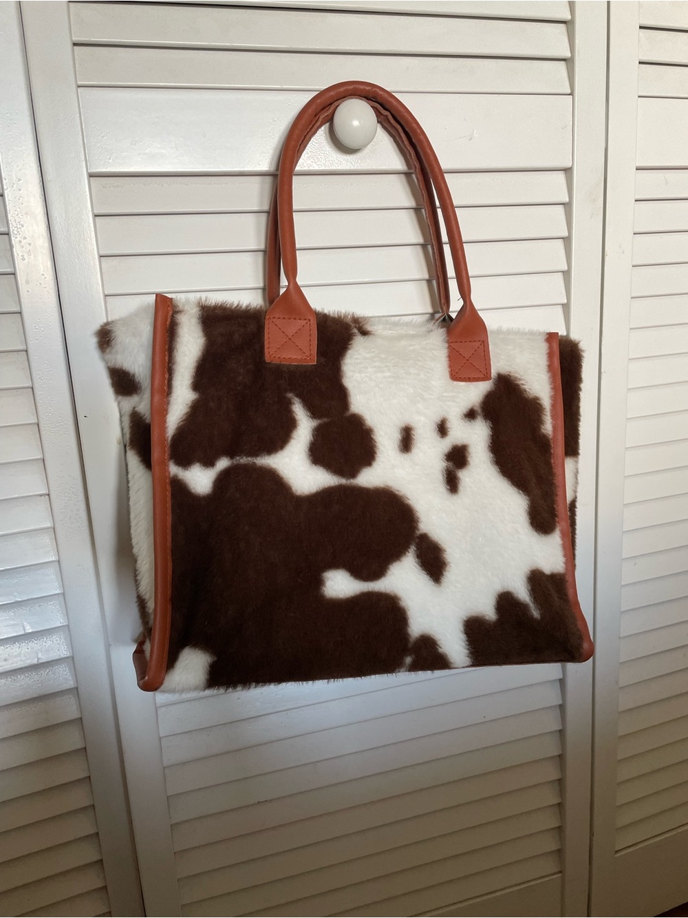 Cowhide Pattern Brown & White Tote Bag with Tan Trim